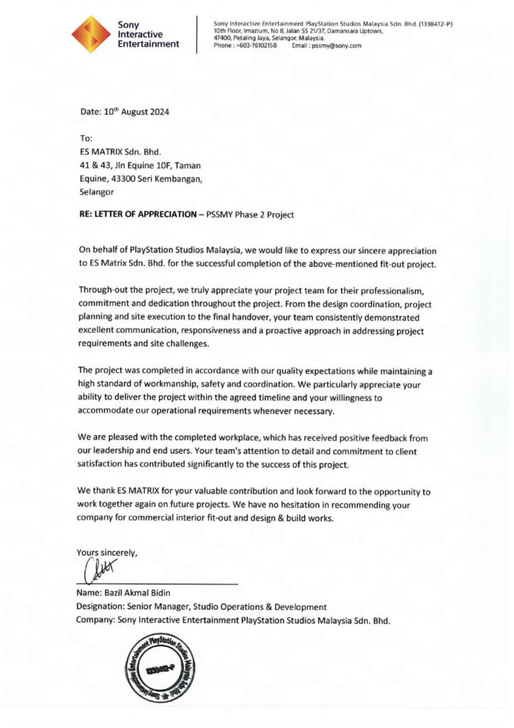 Letter of Appreciation — PSSMY Phase 2 — Sony PlayStation Studios Malaysia